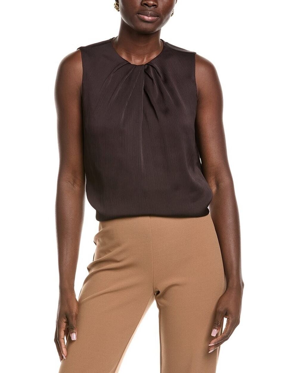 Anne Klein Top Womens XL Deep Mahogany Pleat-Neck Sleeveless Blouse Modest NWT
